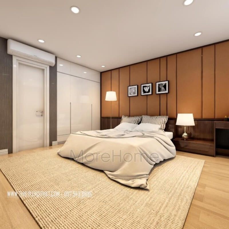 . Không gian nội thất phòng ngủ chung cư được thiết kế đơn giản, không quá nhấn mạnh vào các chi tiết trạm khắc trên giường hay kệ tủ. Điều này sẽ giúp tạo ra một không gian thoải mái và ấm áp, tránh cảm giác rối và phức tạp.