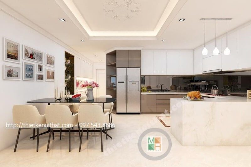 Nội thất phòng ăn liền kề với không gian nhà bếp giúp cho quá trình chuẩn bị đồ ăn và nấu nướng trở nên nhanh chóng hơn.