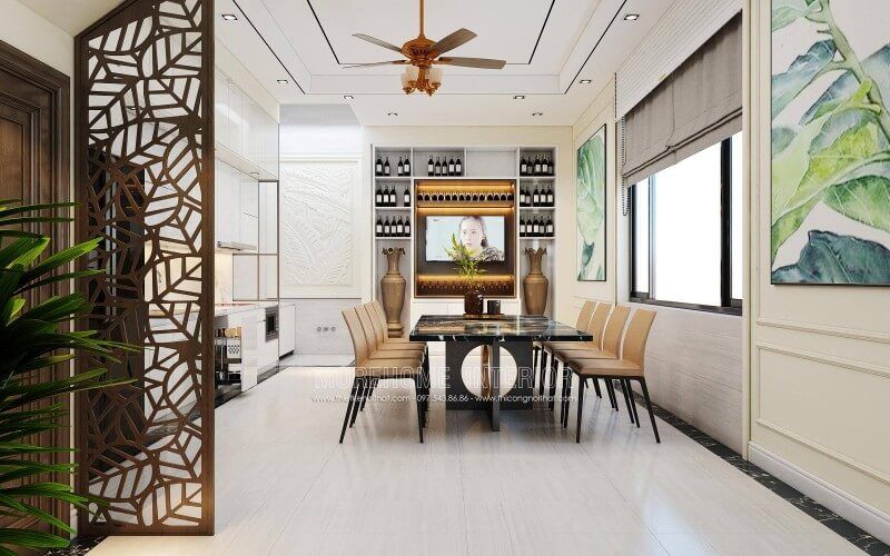 Mẫu bàn ăn dài có thiết kế 8 ghế ngồi bọc da cao cấp.